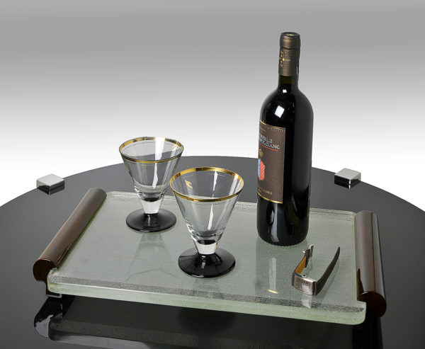 Tablett Modernistisch, Art Deco , Genre Oierre Chareau, Verre Brut, Rohglas Tablett, Teilsatinierung, Palisander Tablett, Frankreich Art Deco
