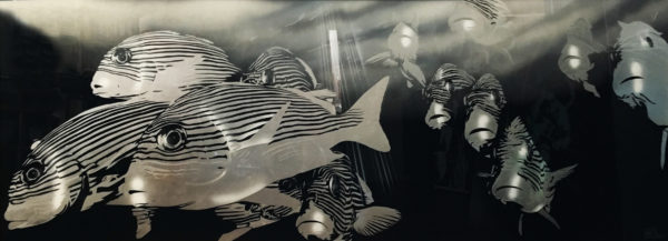 Hinterglasmalerei auf Acrylscheibe, Bild Emil Schult, Fische Bild Art Deco, Emil Schult Fische, Josephs Art Interior, Art Deco Fische